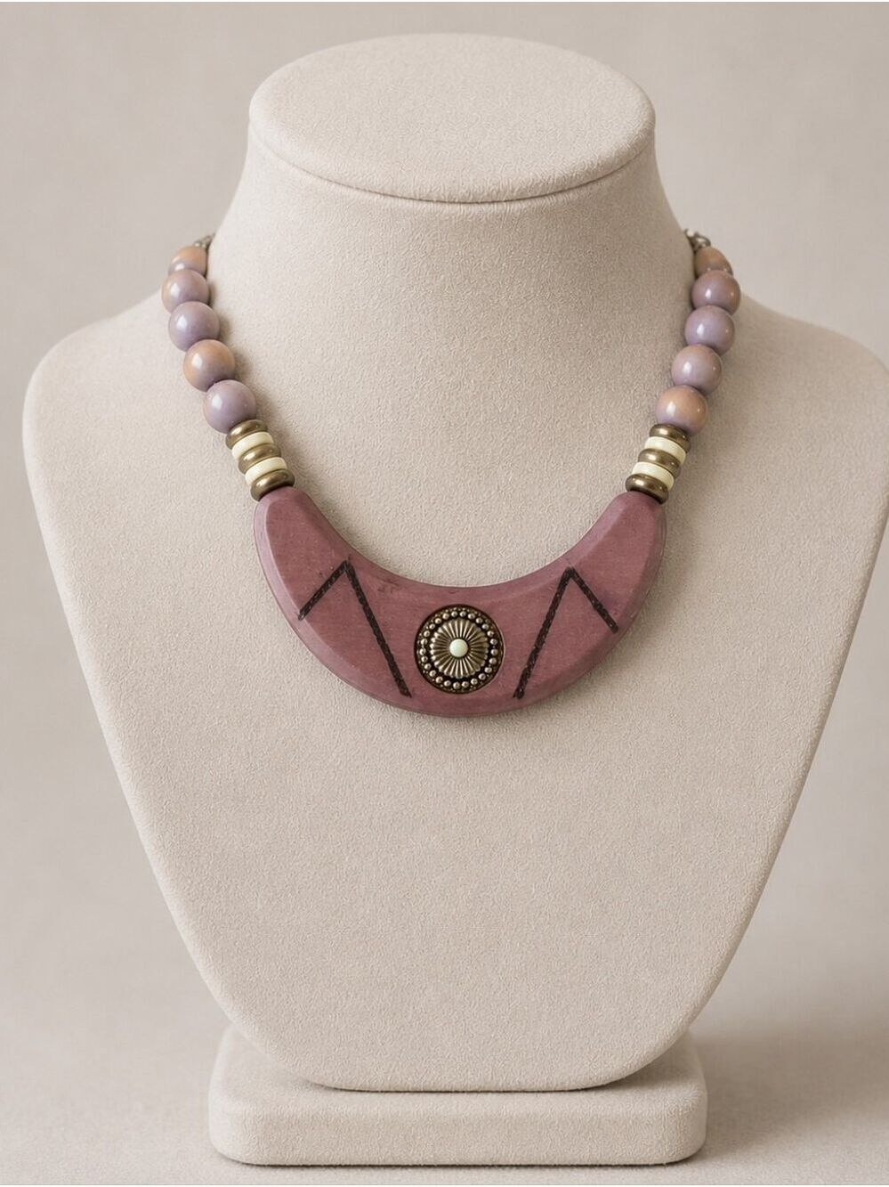 Handcrafted Wood Bib Necklace Boho Tribal Collar 8” Drop Statement Pendant